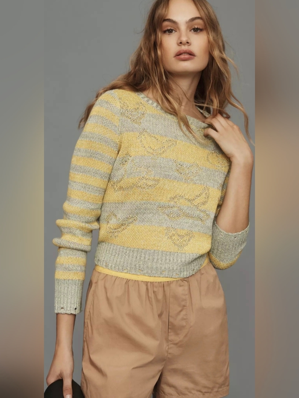 Anthropologie Pilcro Deconstructed Sweater Birds Striped Yellow Green Knit